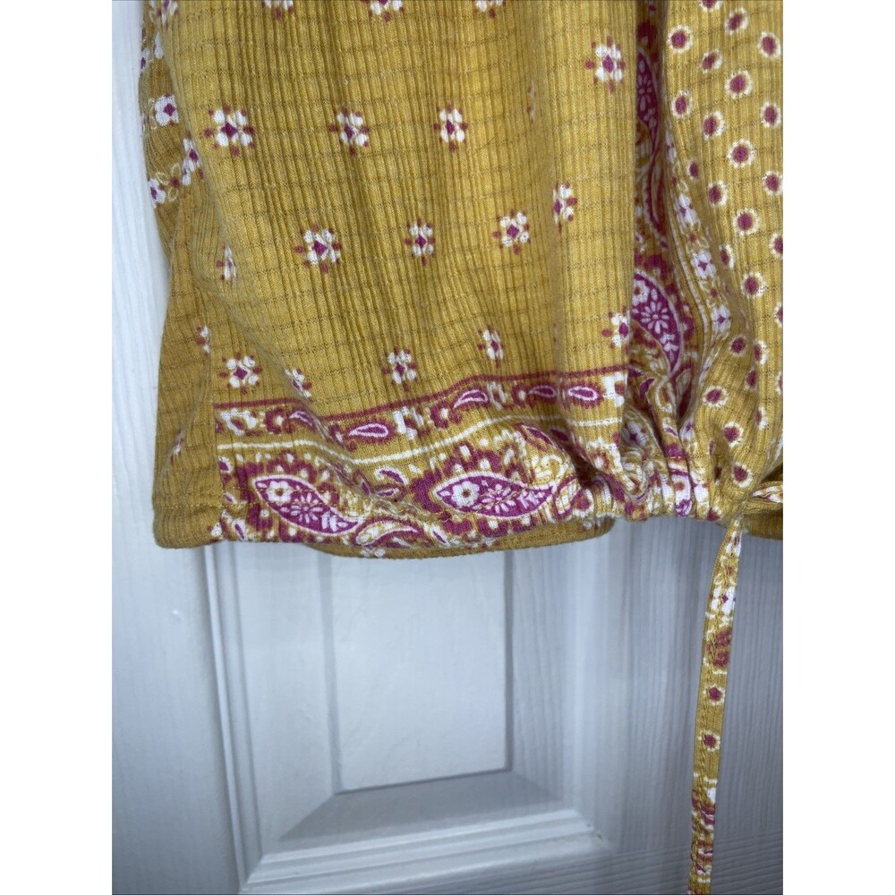 Como Blu Mustard Boho Peasant Blouse L Paisley Print Button Front Drawstring - Picture 5 of 8